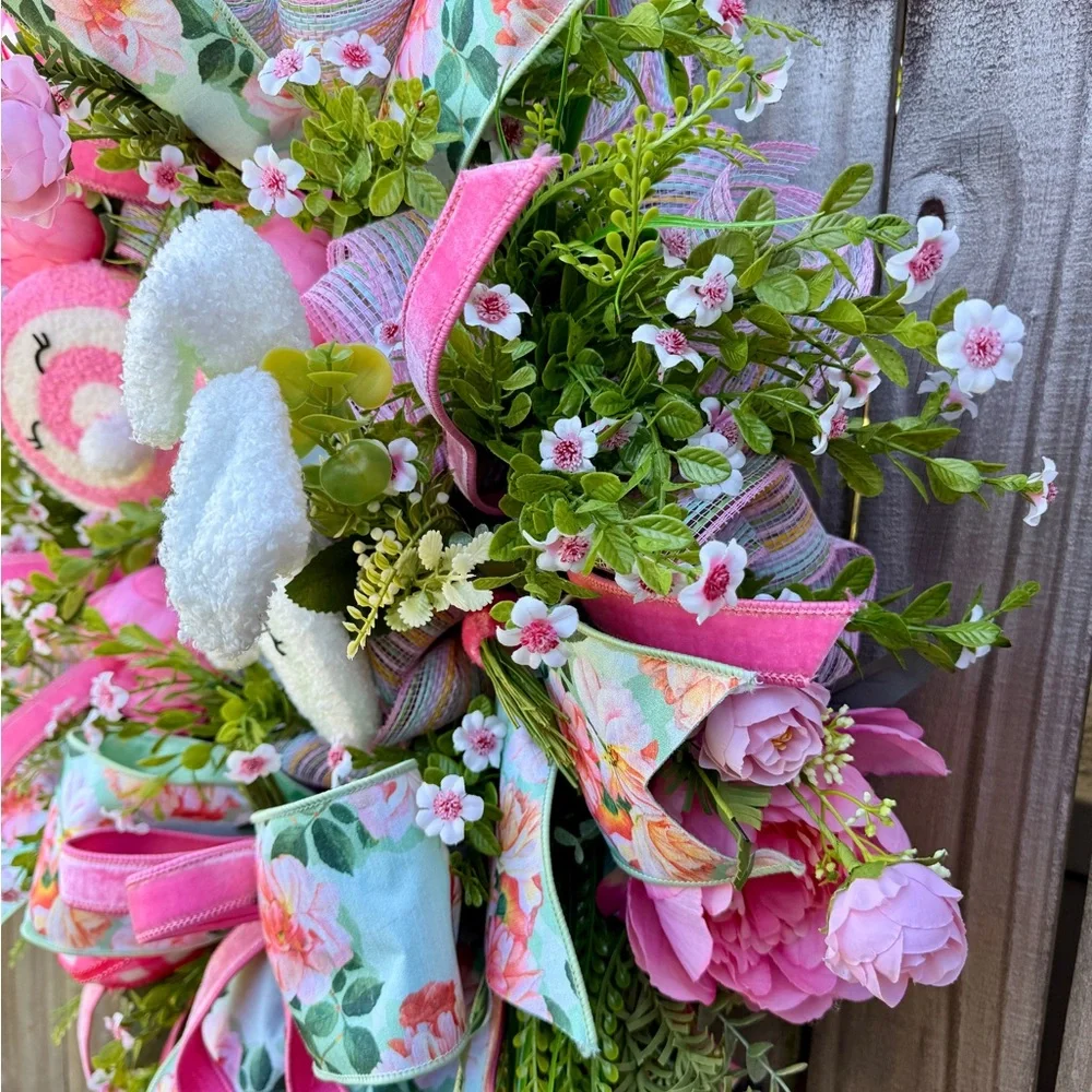 Floral Easter Bunny Wreath with Pink Accents